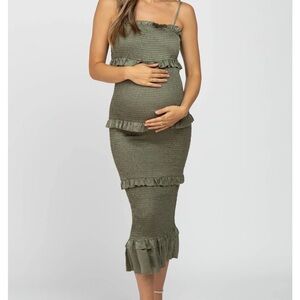 Olive Satin Smocked Fitted Maternity Midi Dress